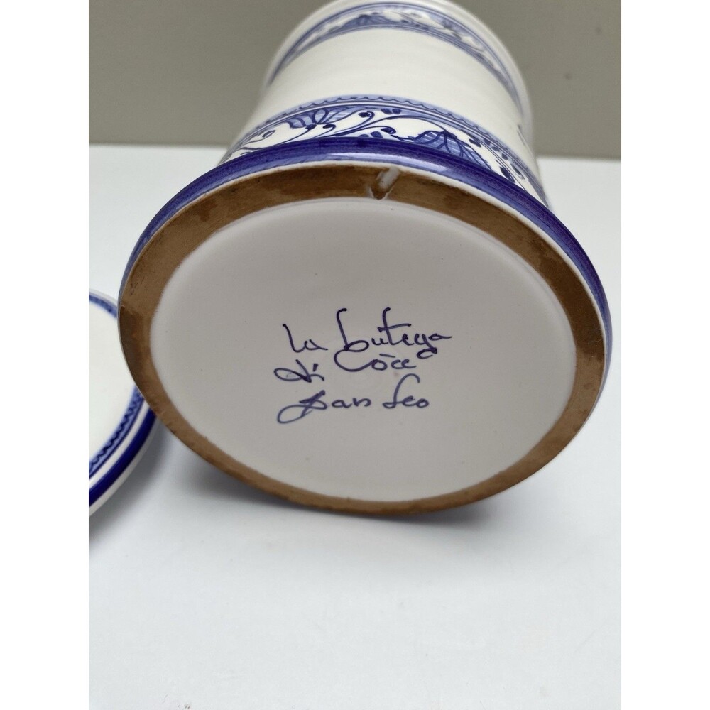 Italian Pottery Ceramic Salt Keeper Lidded Cannister Jar BLUE & WHITE Italy - Picture 5 of 6